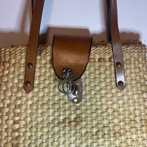 Women's Small Straw Wicker and Leather Tote Bag